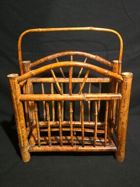 Vtg 100% Bamboo Handled Magazine Style Basket 15"x7 3/4"x18"